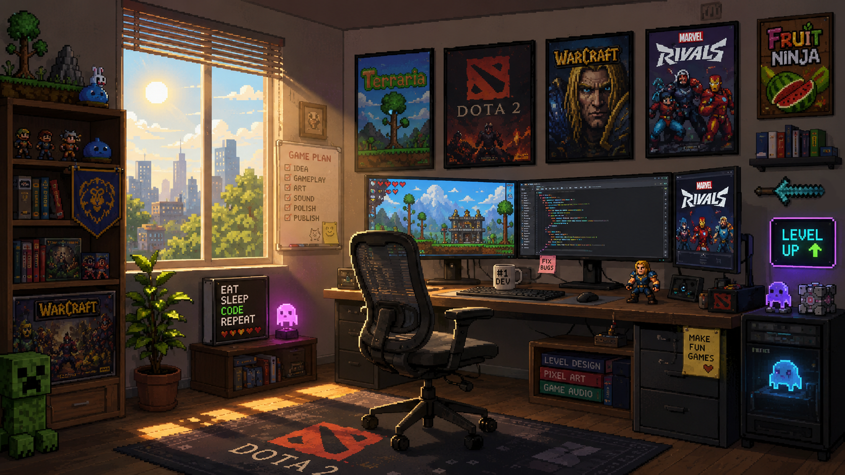 Pixel art dev room — day