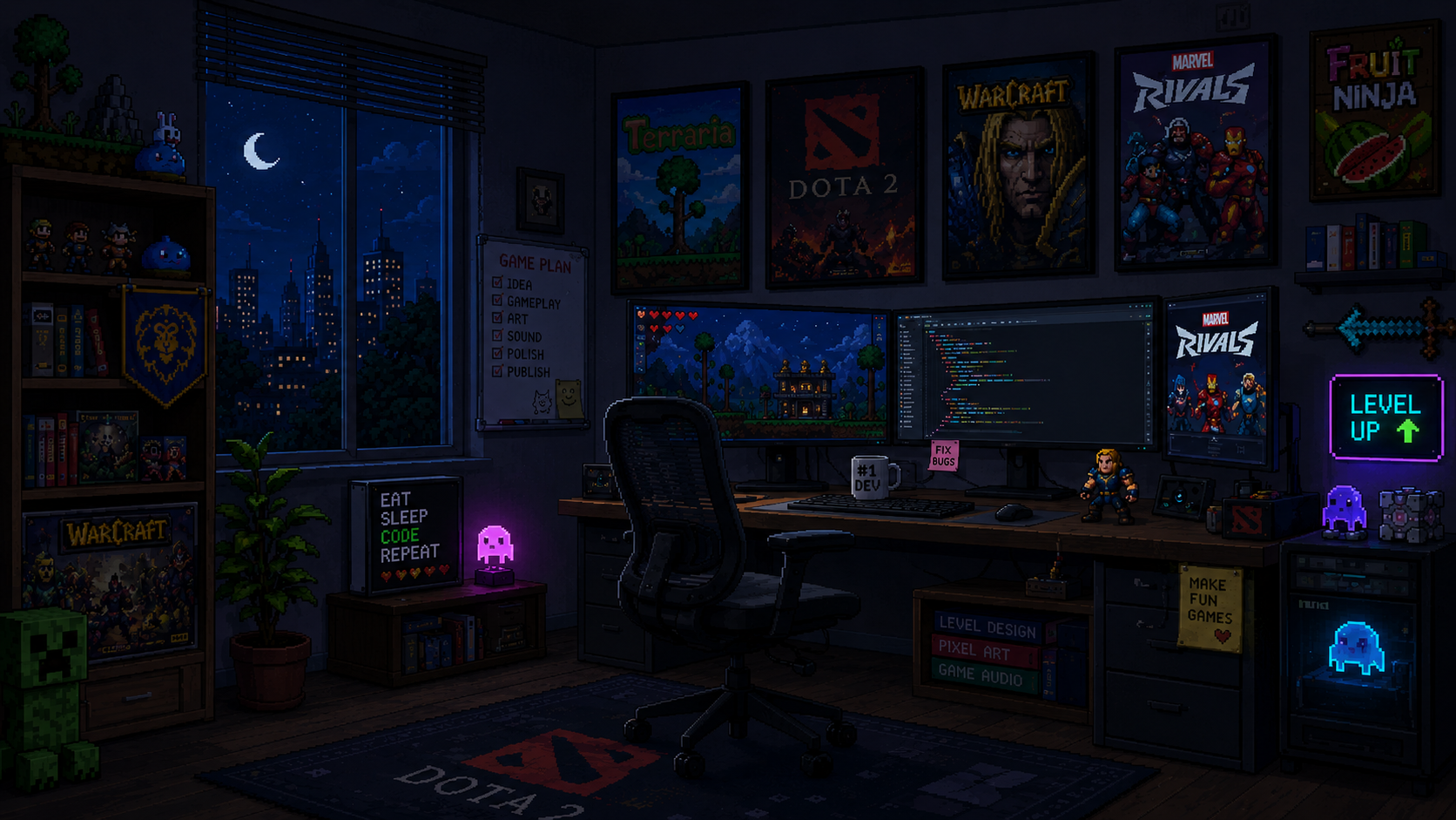 Pixel art dev room — night